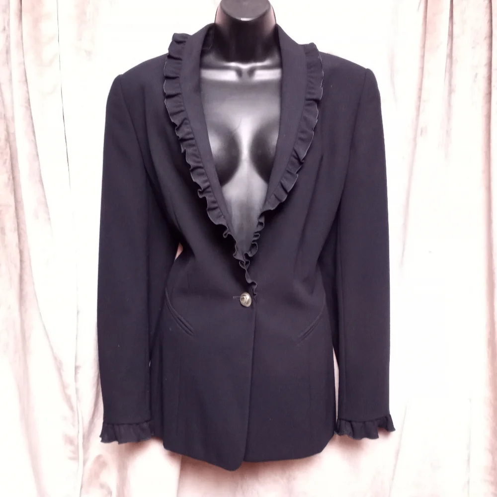 ESCADA Navy Wool Jacket with Ruffled Trim - Picture 1 of 9